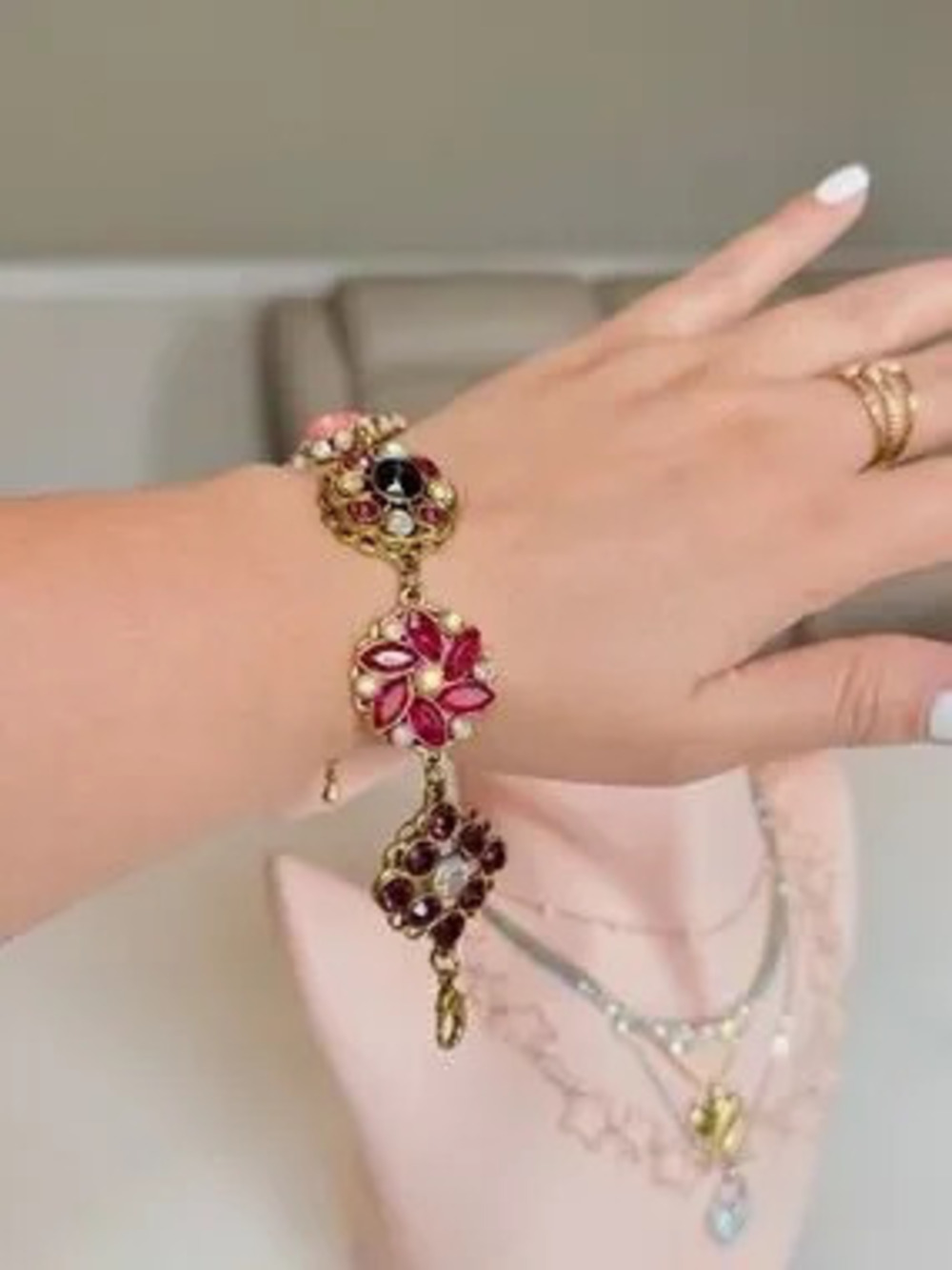 Gold-Tone Pink Gemstone Floral Bracelet